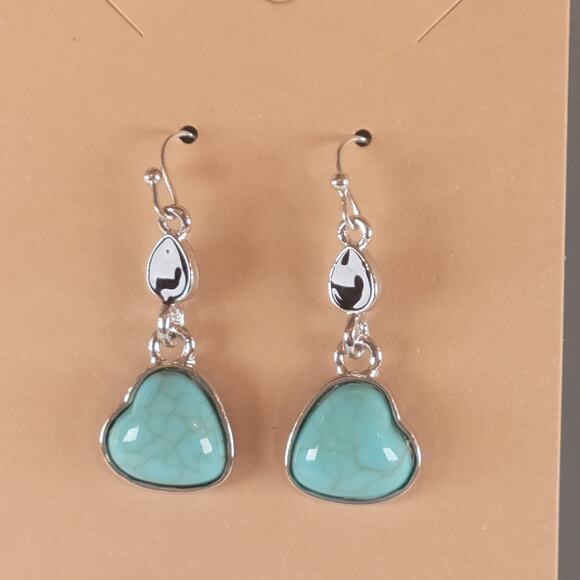Turquoise Heart Dangle Earrings Silver Tone Hook Pierced Drop Jewelry Gift Bag - Picture 3 of 10